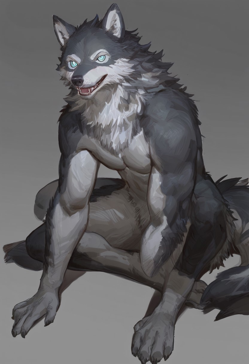 Anthro muscular wolf, full body sitting pose, confident smile, sharp ears, short gray and light gray fur with subtle texture, clean lineart featuring bold line variation, semi-realistic shading combining flat colors and delicate gradients, detailed expressive eyes with visible sharp teeth, strong and well-defined muscular anatomy, relaxed natural sitting posture, soft natural lighting with gentle shadows, male furry, solo, harmonious natural color palette, clear and minimalistic background, sketch, flat color