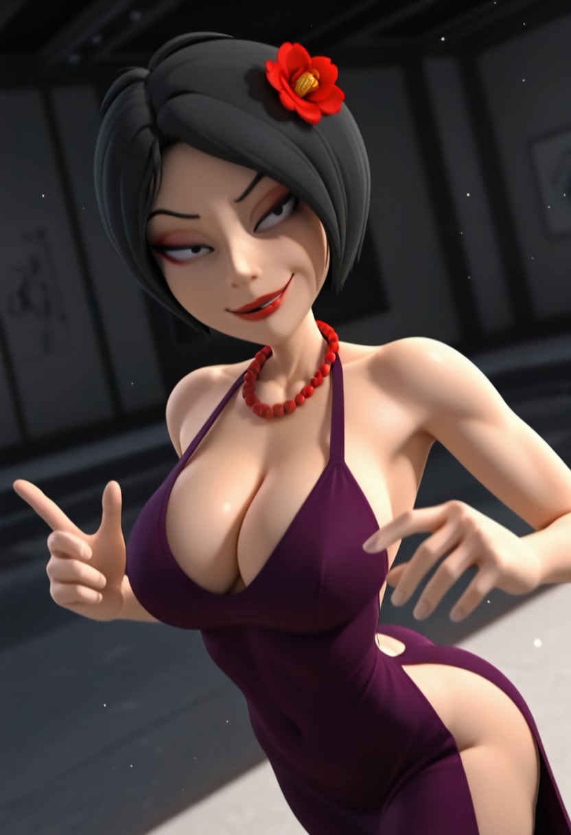 ChaseLB, 1girl, solo, short hair, black hair, bangs, black eyes,  full lips, large breast, large butt, thick thighs, red flower in hair, red lipstick, makeup, red beads necklace, jewelry, cleavage, purple backless dress, cutout dress,
,seductive pose, sexy pose, tease, 
masterpiece, best quality, fine details, intricate details, depth of field, subsurface scattering, bokeh,
 ultra-detailed, very aesthetic, detailed background, newest, scenery, highres, absurdres, colorful, vibrant, glowing, perfect face, 2d, perfect eyes,  vibrant saturated colors, volumetric lighting, sharp, detailed eyes, perfect anatomy,  perfect face, perfect eyes, mature body, clear eyes, beautiful eyes, athletic, curvy body, athletic girl, perky tits, perfect tits, round breasts, pinup pose, teasing, lustful expression, perfect hands, 
muscular female, dutch angle,  dynamic pose,
naughty smile,  dat ass, ass focus,
,Smooth Negative, Smooth_Quality,