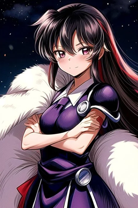 best quality 1girl Setsun4 solo long hair, (night time) forest background black hair very long hair purple eyes multicolored hair armor, small, (fur trim) (medium body),<lora:EMS-179-EMS:0.800000>,<lora:EMS-293862-EMS:0.800000> bow, hair_bow, hair_tubes, red_bow, brown_hair, long_hair, bangs, ascot, frilled_bow, yellow_ascot, blush, smile, hair_between_eyes, athletic, armor, miko, strengthmda, crossed arms, Smiling, happy