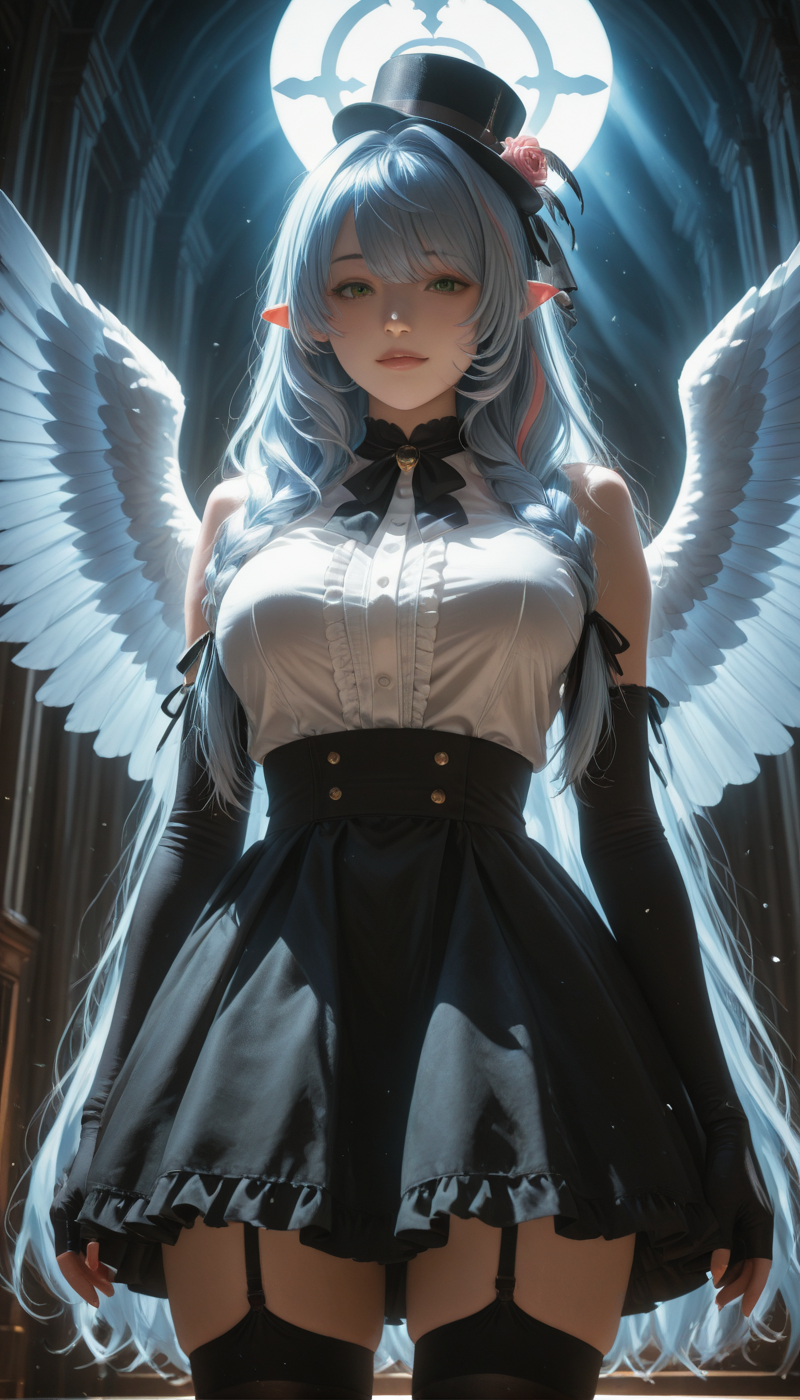 <lora:LCMTurboMix_Euler_A_fix:1> <lora:example_SDXL:0.3>, EZRealPONYXL, <lora:Dramatic Lighting Slider:3> <lora:realistic filter [IL]:1>
DSLR,realistic,cosplay photo, (very awa,masterpiece,best quality,year 2024,newest,absurdres,highres:1), realistic,skin texture,facial features, photography shot with Canon EOS 5D Mark IV , realistic, RAW, best quality, masterpiece, amazing quality, skin details,
1girl, highly detailed beautiful face, large natural breasts,
detailed background, shiny skin, dutch angle, night, moonlight,
beautiful detailed eyes, intricate details, absurdres, anime screencap,
<lora:AomoriMine_BlueArchive_ILXL_kill0825:1>
AomoriMine, large breasts, very long hair, green eyes, blue hair, braid, multicolored hair, pointy ears, streaked hair, halo, twin braids, feathered wings, angel wings, low twin braids, blue wings, hair ornament,
shirt, skirt, gloves, thighhighs, hat, hair between eyes, bare shoulders, white shirt, flower, frills, hairband, wings, sleeveless, black gloves, pointy ears, black thighhighs, elbow gloves, black skirt, fingerless gloves, black footwear, halo, zettai ryouiki, black headwear, sleeveless shirt, garter straps, black hairband, feathers, feathered wings, angel wings, top hat, white wings, hat flower, center frills, blue halo, white feathers, black garter straps, falling feathers, hat feather, blue halo,
dynamic pose, seductive smile, from below, close up,