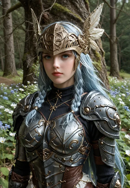 Create an artwork, it is of a beautiful woman, she is about 24 years old. She has fair and smooth skin. She has silvery blue hair. Incredible detail and clarity. She has a smooth and rounded jawline, and soft face. Her hair free with some braids.
Woodland setting.
Valkyrie helm, beaked helm, winged helmet. White pleated skirt. ((Blue metal armor)), arm braces.