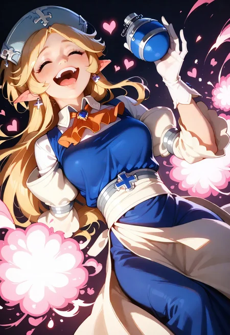 1girl, solo, yukaridef, hat, cross earrings, blue dress, orange ascot, white shirt, white gloves, holding grenade, laughing, leaning back, closed eyes, dark background, pink explosion, heart background, feet out of frame, three quater view, backlightling, masterpiece, best quality, very aesthetic, absurdres