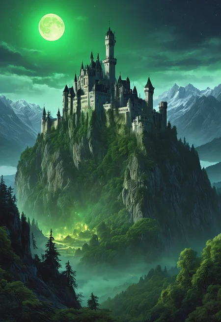A captivating night scene illustration featuring a forboding and haunted castle on a great  great mountain. The castle and mountain are much like Neuschwanstein Castle in Bavaria.  This enchanting artwork captures a dark and ominous night, where an ominous green moon  hangs above  and over the  tree covered mountain and range and castle which  stands resolute amidst the great mountains, the moon bathes the are in a sickly green light,  The lights from the castle cast an ominous green light and glow,  creating a cinematic experience., illustration, cinematic
<lora:DonM3t3rn1tyXL-v1.1:0.7>, DonM3t3rn1tyXL,
OverallDetailXL  <lora:MJ52:0.3>  <lora:SDXLFaeTastic2400:0.4>  <lora:EpicF4nta5yXL:0.7>