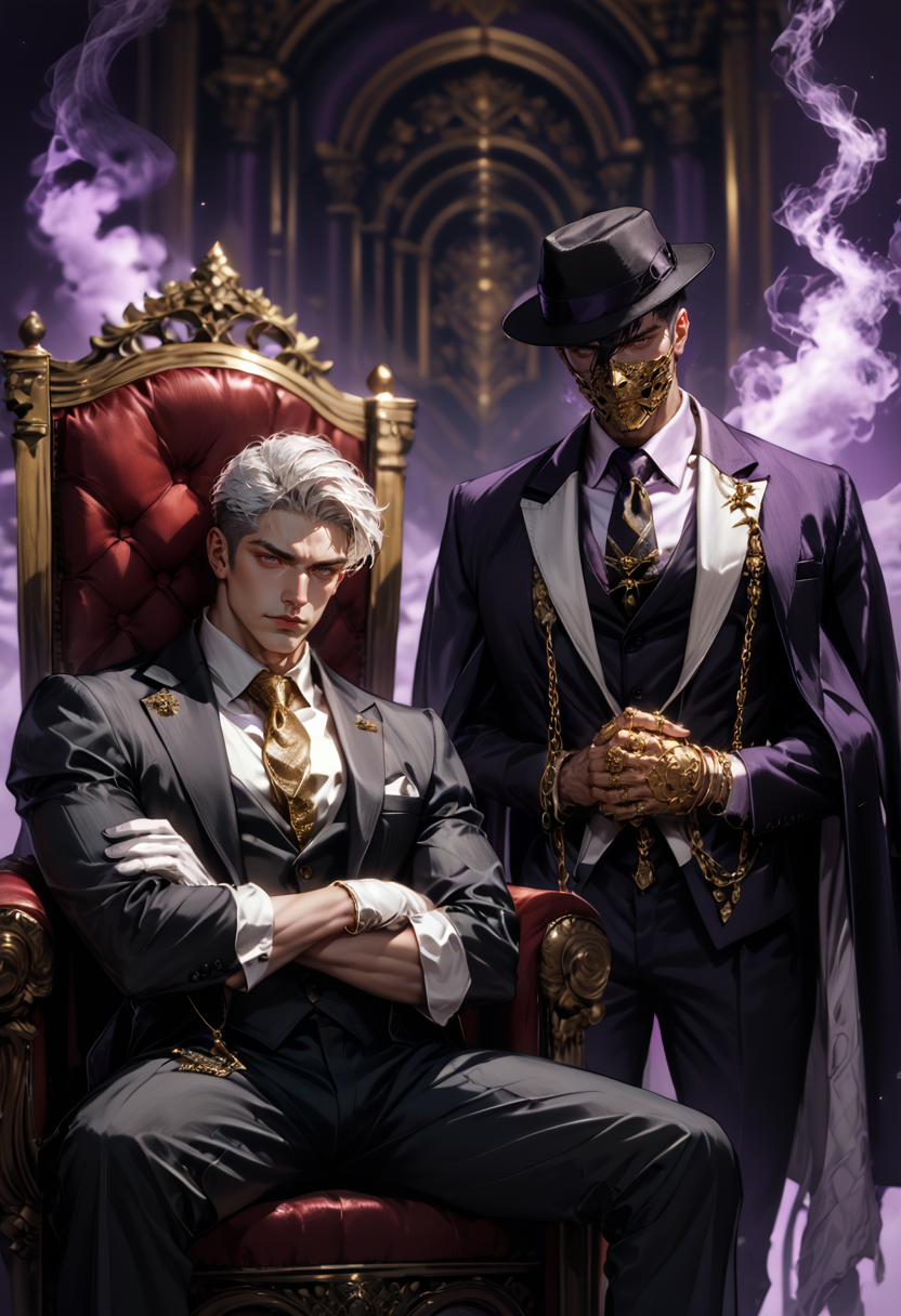 (score_9, score_8_up), score_7_up, 2boys, manly, tsurime, looking at viewer, serious, purple background, gold and purple theme, hand on hip, chains, fedora, white hair, muscular male, black hair, crew cut, arms crossed, hair slick back, short hair, sitting, standing, leg spread, throne, purple smoke, white gloves, necktie, black gloves, suit, gold chains, jewelry, white shirt, black vest, black pants, coat, gold mask, mouth mask, realistic, blurry background, depth of field, DOF, chaos, realistic, <lora:Mafia_Outfit:0.5>