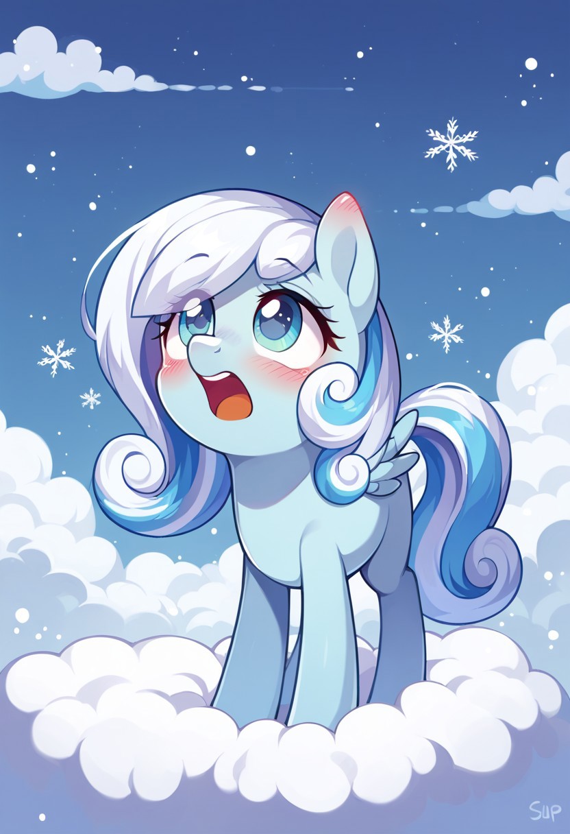 score_9, score_8, score_7, source_pony, snowdrop, blue skin, snowflakes, cloud, snowing, open mouth, horse, looking up, outdoors, blush