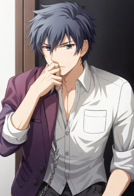 ((masterpiece)), ((best quality)), ((ultra-detailed)), ((absurdres)), score_9_up, score_8_up, score_7_up,
HD, top quality, best quality, amazing quality, High-quality illustrations, anime screencap, source_anime, best aesthetic, perfect proportions, perfect eyes, 1boy, 1male, solo boy, solo male, male focus, solo male focus, Anime, boy, male anime character, anime boy, handsome, attractive, cute, charming, sexy, hot, ((tall body, tall height)), ((lean body, slim body)), Yuuya Kizami, gray-black hair, gray-black eyes, white shirt, long sleeves, rolled sleeves, purple blazer draped over right shoulder, gray pants, pocket chain, updn, easynegative, neghands, Expressiveh, ((cowboy shot, head to feet shot))