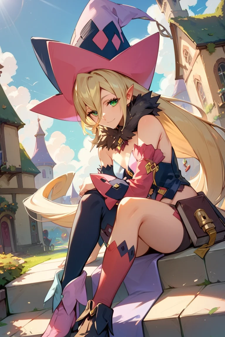 score_9, score_8_up, score_7_up, very aesthetic, source_anime, detailed, high quality, beautiful, masterpiece, detailed eyes,
village, light beams,
<lora:lightXL:0.8>
dynamic angle,
light smile, hand above head, sitting,
<lora:magilou_autismConfetti_v01:0.95>
magilou \(tales\), blonde hair, very long hair, green eyes, hair between eyes, pointy ears,
bare shoulders, hat, mismatched sleeves, asymmetrical sleeves, detached sleeves, fur collar, fur-trimmed collar, mismatched legwear, asymmetrical footwear, mismatched footwear, strapless,, zPDXL