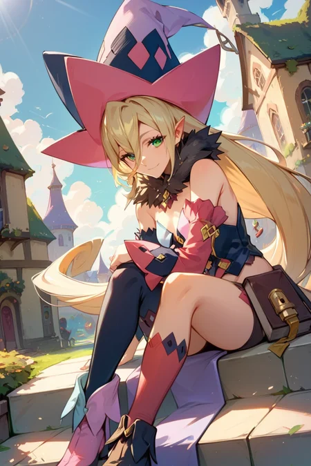 score_9, score_8_up, score_7_up, very aesthetic, source_anime, detailed, high quality, beautiful, masterpiece, detailed eyes,
village, light beams,
<lora:lightXL:0.8>
dynamic angle,
light smile, hand above head, sitting,
<lora:magilou_autismConfetti_v01:0.95>
magilou \(tales\), blonde hair, very long hair, green eyes, hair between eyes, pointy ears,
bare shoulders, hat, mismatched sleeves, asymmetrical sleeves, detached sleeves, fur collar, fur-trimmed collar, mismatched legwear, asymmetrical footwear, mismatched footwear, strapless,, zPDXL