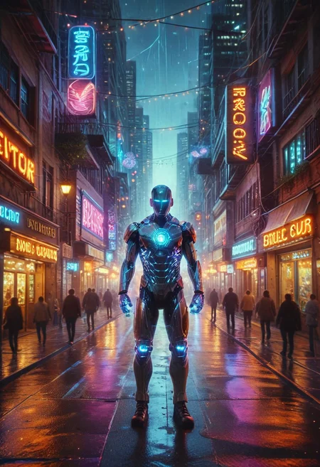 score_9,score_8_up,score_7_up, A soon to be unemployed blue robot, 1 man, futuristic cyberpunk cityscape background, neon lights and brightly lit marquees, wet streets reflect the neon glow of the city, analog photography, ultrarealistic, hdr, Cyberspace, psych3delic