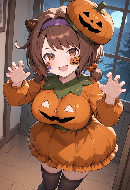 highres, best quality, masterpiece, indoors, halloween, 
1girl, solo, gbfyaia, brown hair, short hair, hairband, draph, brown eyes, large breasts,
yaiahal, hair bobbles, low twintails, sticker on face, pumpkin hat, low twintails, orange dress, halloween costume, pumpkin costume, jack-o'-lantern, black thighhighs,
blush, smile, head tilt, open mouth, 
claw pose, dutch angle, serious,
<lora:_yaia_gbf-elesico-ilxl:1>