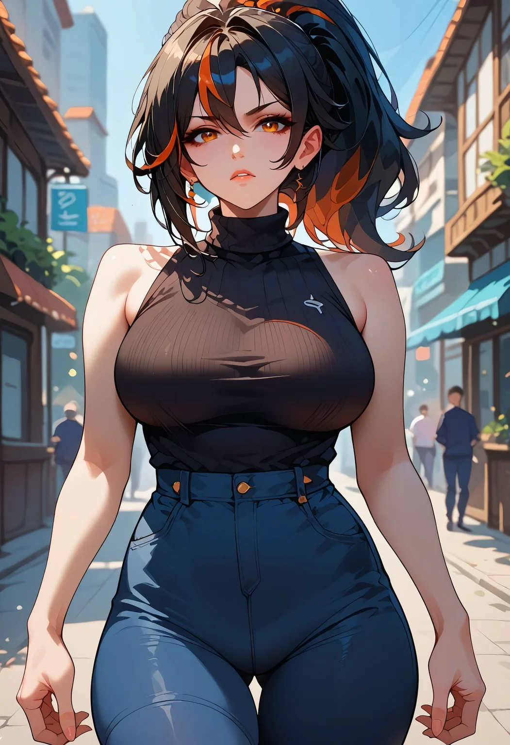 score_9, score_8_up, score_7_up, score_6_up, score_5_up, <lora:zhu_yuan_xl:0.8>zhu-yuan,black hair,ponytail,streaked hair, 1girl, large breasts, long hair, sleeveless turtleneck, turtleneck sweater, bare_thighs, thick thighs, thigh gap,