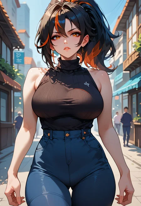 score_9, score_8_up, score_7_up, score_6_up, score_5_up,  <lora:zhu_yuan_xl:0.8>zhu-yuan,black hair,ponytail,streaked hair, 1girl, large breasts, long hair, sleeveless turtleneck, turtleneck sweater, bare_thighs, thick thighs, thigh gap,