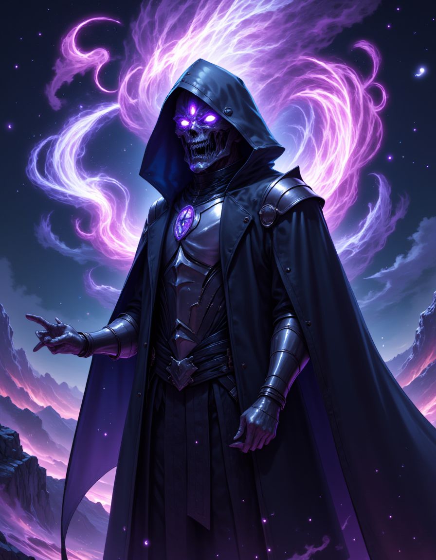 image of an ancient <lora:Dreamwave_FLUX:1> dreamwave wizard channeling powerful magic from the sky, the wizard is wearing a hooded black coat with the hood on, a detailed metallic knight armor is visible through the opening of the coat, the wizard is looking up at the sky while channeling with glowing purple eyes, one hand of the wizard is pointed towards the sky and the other hand is pointed at his front,  powerful and beautiful glowing magic is flowing from the sky towards the wizard, the wizard has a angry look and he is standing with a dramatic pose on top of a mountain, the scenery of the image is highly vivid and detailed and the weather is dark, the image is high resolution and high quality with a magical glowing touch