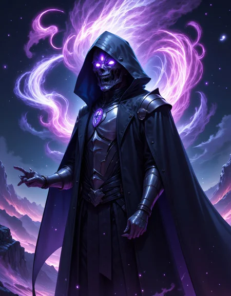 image of an ancient <lora:Dreamwave_FLUX:1> dreamwave wizard channeling powerful magic from the sky, the wizard is wearing a hooded black coat with the hood on, a detailed metallic knight armor is visible through the opening of the coat, the wizard is looking up at the sky while channeling with glowing purple eyes, one hand of the wizard is pointed towards the sky and the other hand is pointed at his front,  powerful and beautiful glowing magic is flowing from the sky towards the wizard, the wizard has a angry look and he is standing with a dramatic pose on top of a mountain, the scenery of the image is highly vivid and detailed and the weather is dark, the image is high resolution and high quality with a magical glowing touch