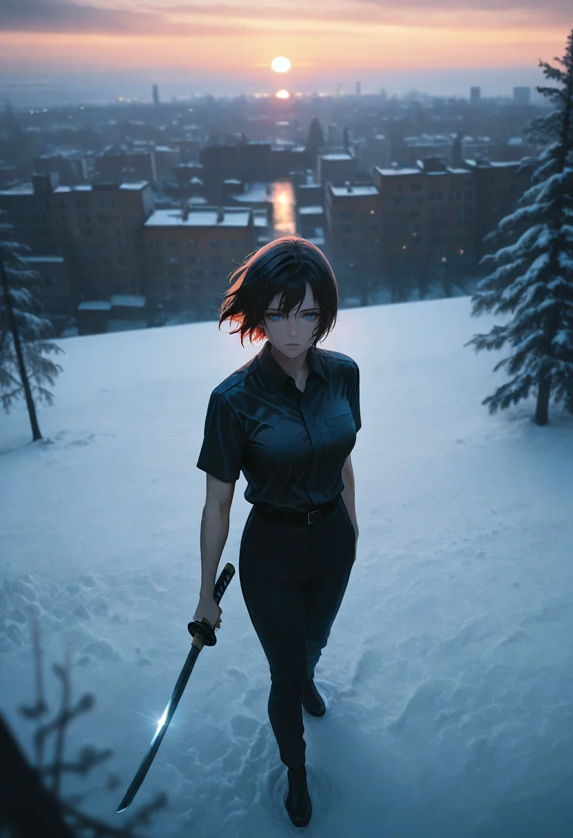 night shot of golden hour shot of blue hour shot of (masterpiece), (best quality), (ultra-detailed), looking at viewer, (muscular legs:0.9),
<lora:dark_v1.9-pony:0.9> dark theme,<lora:NOOB_vp1_detailer_by_volnovik_v1:1.4> <lora:ebenya:0.8> ebenya, building, outdoors, city, rainy day in a small Russian town, overcast weather, wet trees, tree, painterly sketch illustration, nose, lips, perspective, depth of field, blurry background, 1girl, holding katana, facing to the side, expressionless, dynamic pose, textured clothes, textured background, textured skin, textured foreground, floating hair, short hair, masterpiece, best quality, amazing quality, very aesthetic, from above, snow. Cool light, twilight, peaceful, moody. Warm light, sunset/sunrise, magical, serene. Dark, lit, moody, mysterious
