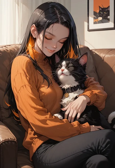 score_9, score_8_up, score_7_up, score_6_up. 1girl, jl33, multicolored hair, Very long black hair with orange streaks, a lot of orange streaks, silk like hair, closed eyes, pale clean skin, small breasts, perfect eyes, orange sweater, ribbed sweater, black pants, sitting on a armachair, black cat on her lap, happy face, closed mouth, closed lips, cuddling the cat