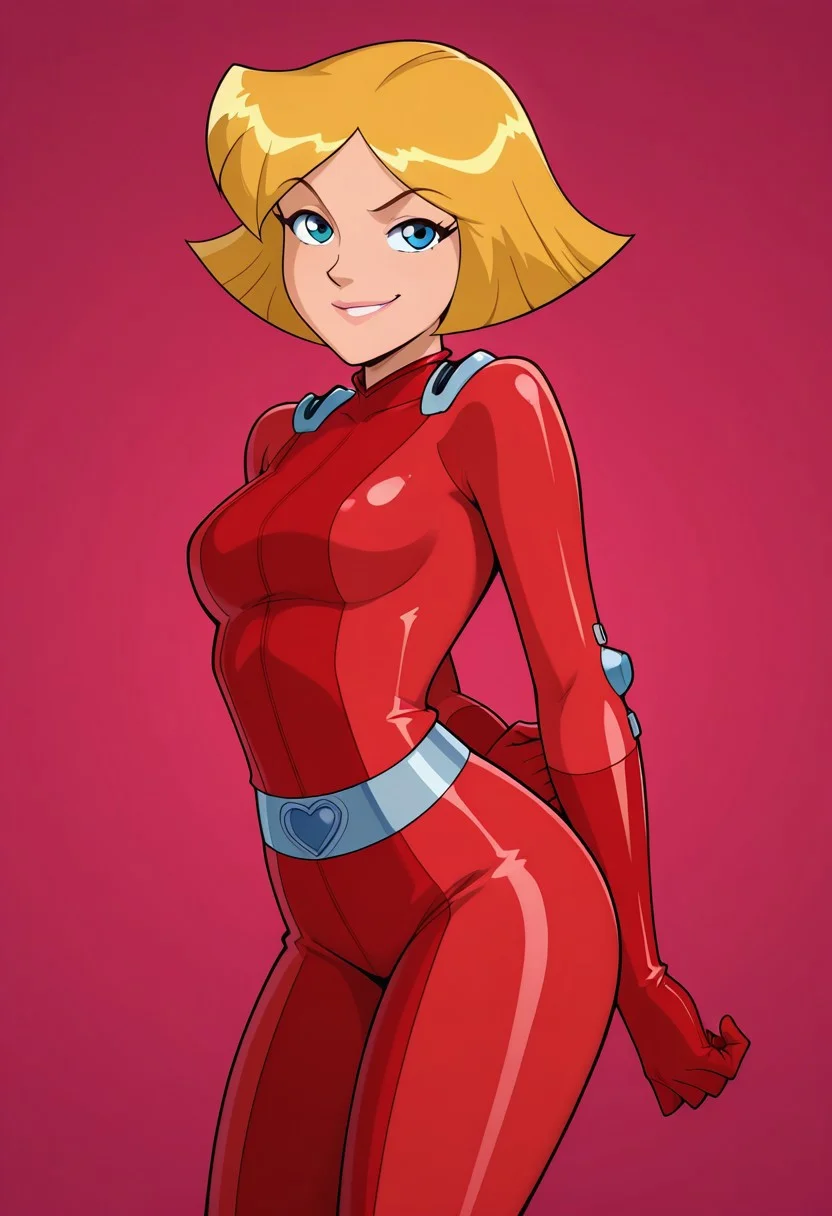 masterpiece, best quality, good quality, 1girl, solo, cartoon, parody, official style, cl0ver_totally_spies, short hair, blonde hair, blue eyes, red bodysuit, sexy, fit, medium breasts, wide hips, thick thighs, bottom heavy, beautiful, detailed, high detailed, very beautiful, detailed face, detailed eyes, detailed hand, abstract background, smile, smirk, posing, pose, hands behind back, leaning forward, looking at viewer, arched back, side view