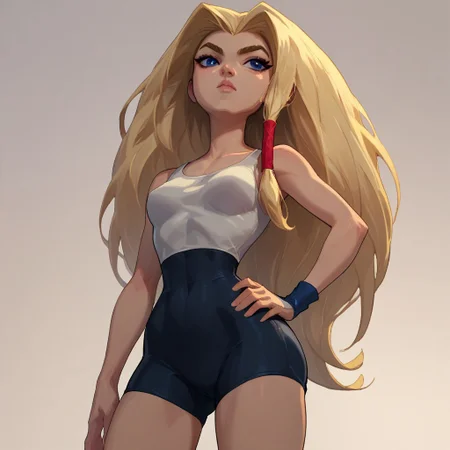 score_9, score_8_up, score_7_up, score_6_up, score_5_up, score_4_up,masterpiece,best quality, highly detailed, score_9, score_8_up, score_7_up, score_6_up,source_anime, 1girl,torunn,hip to one side,hand on hip,full body, natural lighting, FOV 90 degrees,low angle shot,very long hair, blonde hair, solo, blue eyes,hair tubes, tank top,spandex shorts,round ass, fit skinny waist, round breasts, tall, medium body, small breasts, narrow waist, small ass, normal hips, slender, perfect face, perfect anatomy, beautiful anime eyes,musclar arms,Panda Ookuma style