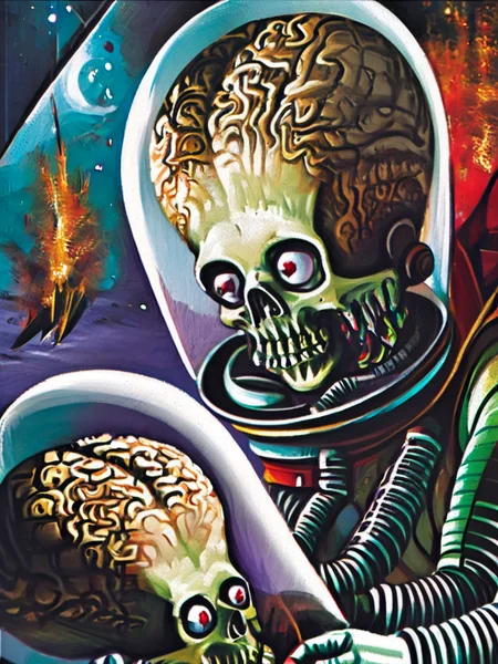 a portrait painting an martian in a clear space suit helmet, highly detailed
<lora:Mars_Attacks_XL_Topps:1>