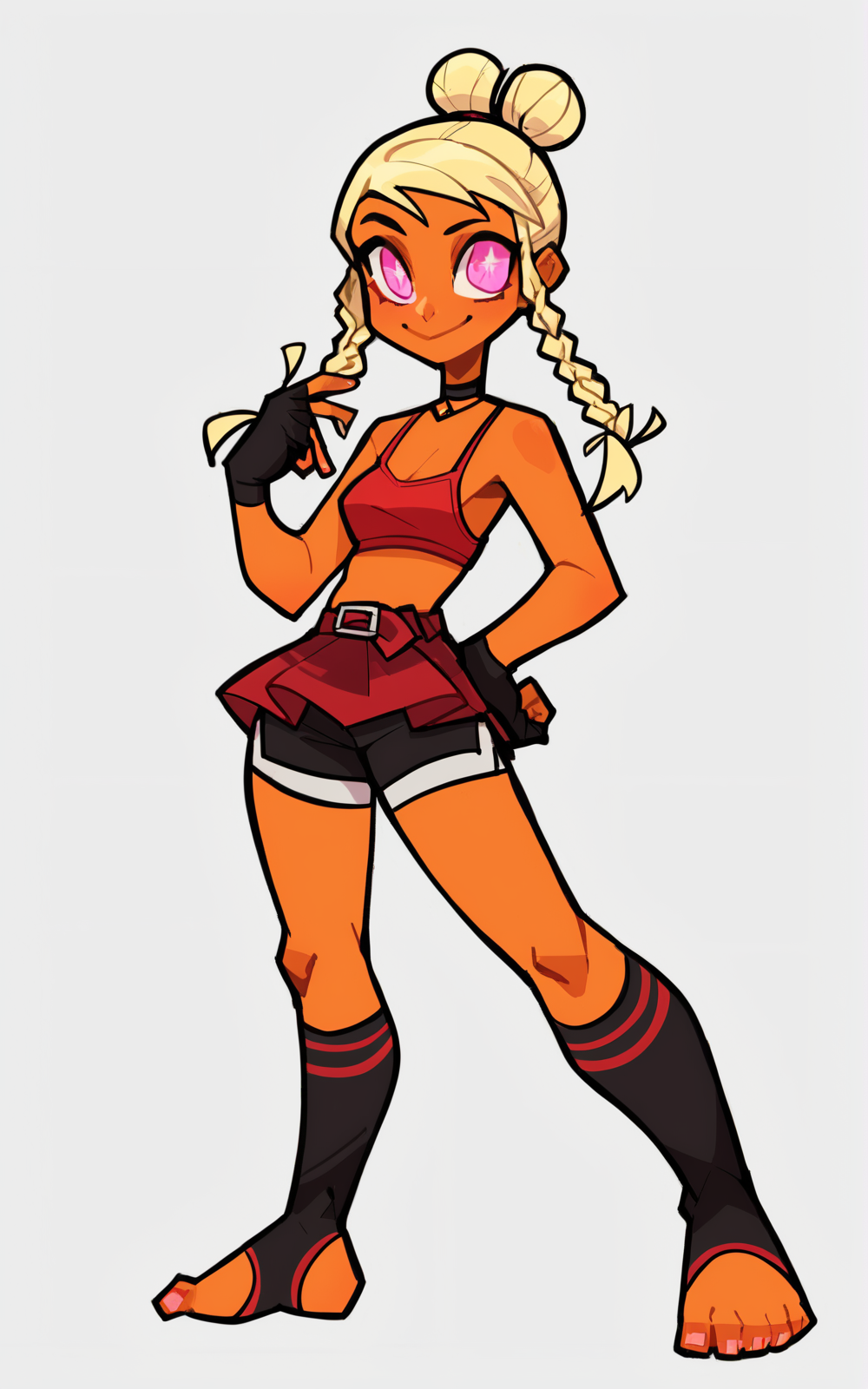 score_9, score_8_up, score_7_up,((best quality)), absurdres,((full body)),  <lora:3d-2d:0.8>,  <lora:MaydayPXL:1>,MaydayPXL,blonde hair, dark-skinned female, dark skin, pink eyes, braid, twin braids, hair bun,gloves, fingerless gloves, skirt, choker, red tank top,tank top, black socks, toeless socks, shorts, black shorts, red skirt,white background