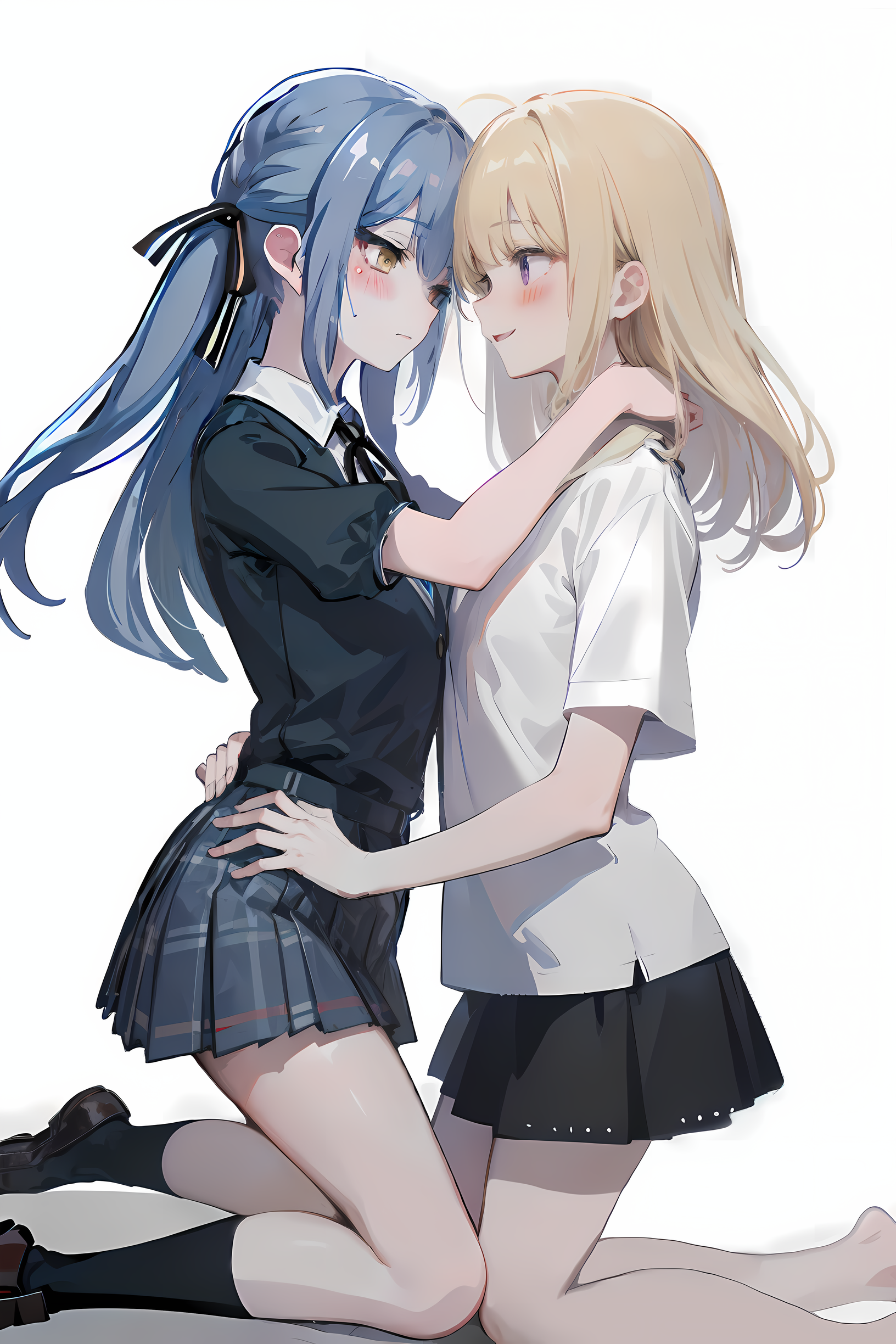 best quality,masterpiece,absurdres,2girls,yuri,from side,facing another,
looking at another,hug,bare legs,PIXIV,white background,<lora:style-ç¾åè±å¼yuri Lora:0.5:lbw=0,0,0,0,0,0,1,1,0,0,0,0,0,0,0,0,0>,
(blush:1.2),
ADDCOMM,
sitting,Wrap legs around someone's waist,
<lora:char-mygo_ä¸°å·ç¥¥å­togawa_sakiko_bangdreamitsmygo:0.7:lbw=0,0,0,0,0,0,0,0,1,1,1,1,0,0,0,0,1>,togawa_sakiko_bangdreamitsmygo,äºº-mygo-mygo_ä¸°å·ç¥¥å­togawa_sakiko_bangdreamitsmygo,
yellow eyes,long_hair,ribbon,(hair_ribbon:1.1),bangs,black_ribbon,sidelocks,blue_hair,black neck ribbon,embarrass,shy,flustered,fold legs,
white collared shirt,buttons,frilled shirt,miniskirt,black_loafers,short sock,flat chest,
ADDCOL,nice legs,kneeling,
<lora:char-mygoä¸è§åè¯ Misumi Uika (Bang dream! Ave Mujica):0.7:lbw=1,0,0,0,0,0,0,0,1,1,0,0,0,0,0,0,0>,
misumi uika,bright blonde hair,purple eyes,shoulder length hair,
white shirt,miniskirt,short sleeves,flat chest,mature_female,elder_sister,smile,