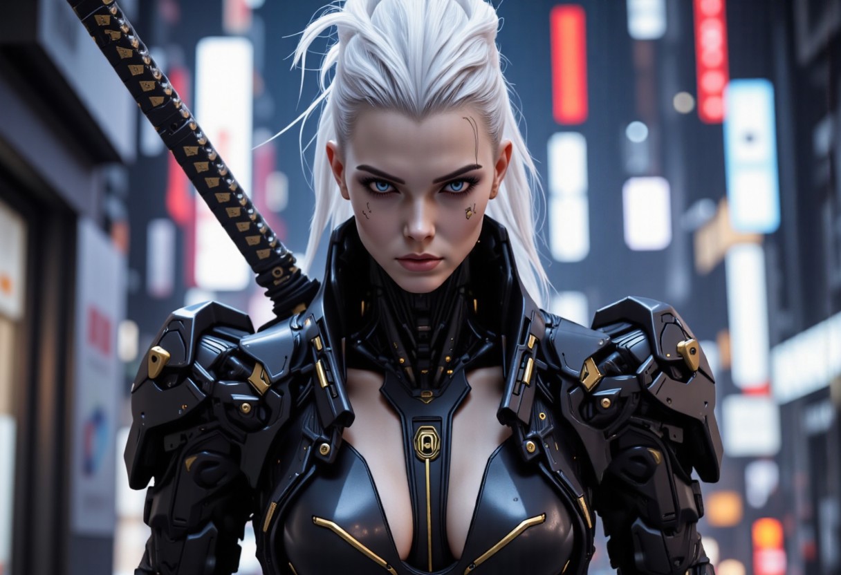 high angle camera view from above and at a distance, realism, skin texture style, Photo Quality Gorgeous Female Face, Ultra Pale Extremely White Skin, Tall White Mohawk Hair Style, detailed, facial expression style, High details face, High detailed Eyes, Full Body view, Mecharmor, futuristic, Jet Black with Very Dark Gold Trim Exosuit, Heavy Mech, Dynamic Aggressive Combat Pose, busty breasts, Cleavage with Covered Nipples, Exosuit, Extremely Low V cut top, Power Armor, futuristic, Tactical Futuristic Samurai Sword, Perfect hand, Heavy Mech, Armor Color Jet Black with Very Dark Gold Trim, Robot, Full body, Ready to strike, futuristic, (off-center composition, left aligned, Portrait),  Detailed hand, battle-worn, Gothic Neon Cyberpunk Night City Cityscape Background, cinematic film still glamorous photo dark art by Rafael Zabaleta, expressionism art by Asger Jorn, vibrant, Abstract expressionism, experimental painting techniques, bold bright colors, dynamic compositions, Expressionism, emotive brushwork, brilliant tones, dramatic lighting, introspective themes. high fashion, luxurious, extravagant, stylish, sensual, opulent, elegance, stunning beauty, professional, high contrast, detailed. shallow depth of field, vignette, highly detailed, high budget, bokeh, cinemascope, moody, epic, gorgeous, film grain, grainy