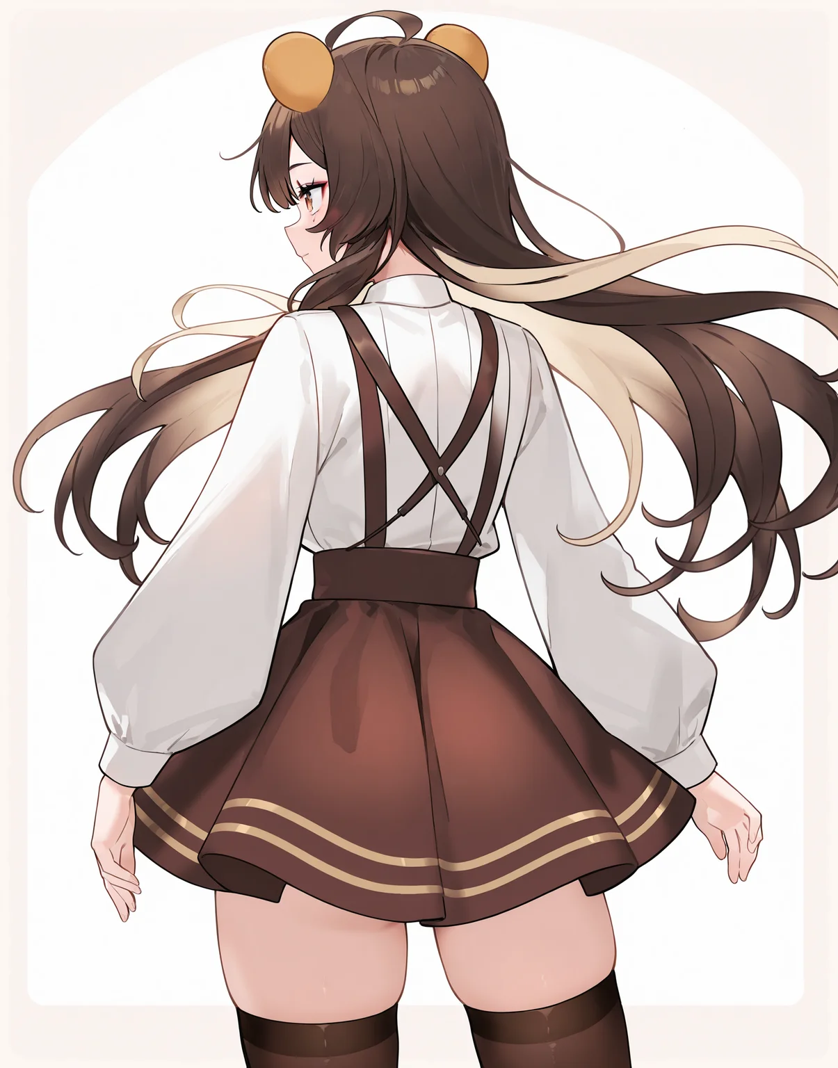 masterpiece, perfect quality, best quality, absolutely eye-catching, absurdres, highres, newest, 1girl, <lora:uguubearIllustriousXL:1>, uguubear, cowboy shot, from behind,