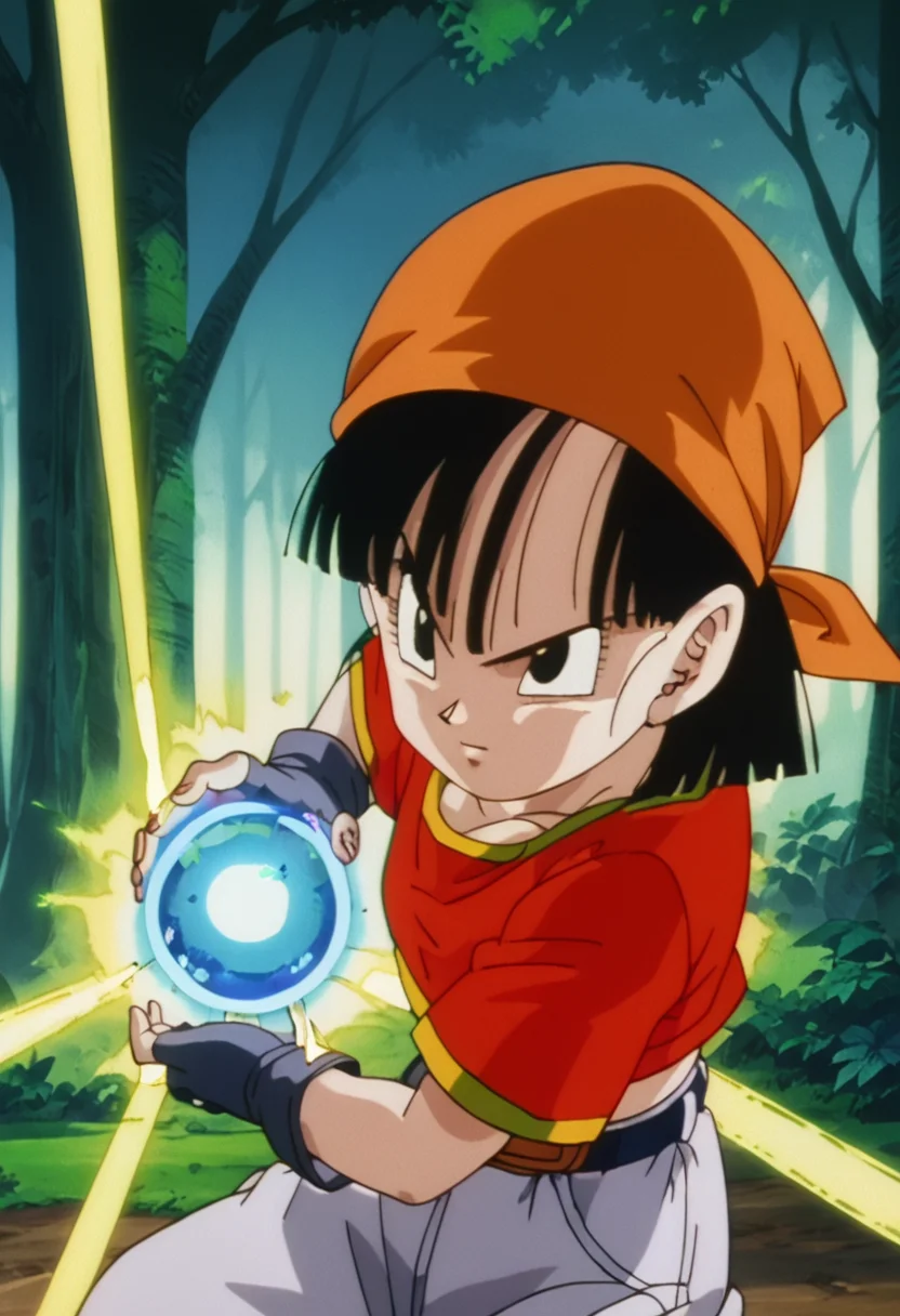 score_9, score_8_up, score_7_up , , source_anime, intricate details, masterpiece, high quality, prefect hands, best quality,1girl, solo,  anime screencap,
forest ,
<lora:Ultimate-kamehamehasecond_try_god_please_help_me:0.8> , Kamehameha-Charge,hands cupped together,bent elbows,arms on waist level , holding a glowing orb, blue orb,
 <lora:Pan_gtV1:1> , pan gt, black hair, long hair, black eyes, small breast , orange bandana, fingerless gloves, red t-shirt, crop top, short sleeves, midriff, pants, belt,