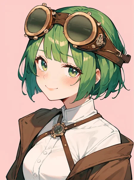 score_8_up, score_7_up, score_6_up, source_anime, 1girl, solo, simple background, pink background,, portrait, close-up
smile, green hair
steampunk, white shirt, brown jacket
goggles on head <lora:Steampunk_Goggles:1>