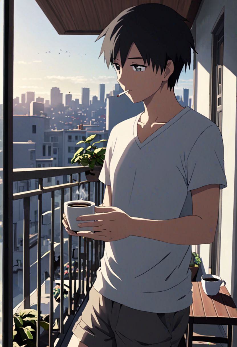 Highres, Masterpiece, High Quality, 4K, 8K, solo, 1Boy, Takaki Toono, adult, black hair, short hair, home balcony, city view, small table, balcony chair, houseplants, fresh air, morning, breeze, soft sunlight, calm, peaceful, holding a cigarette, cup of coffee, v-neck t-shirt, shorts, relaxing, enjoying moment, ashtray, coffee cup, easynegative, detailed_eye_model