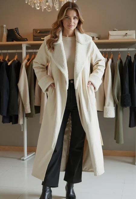 full body shot, beautiful woman, clo023, wearing a closed longline cream coat, shearling collar and cuffs, belted at the waist, sweater, black trousers, boots, posing in a detailed fashion store,