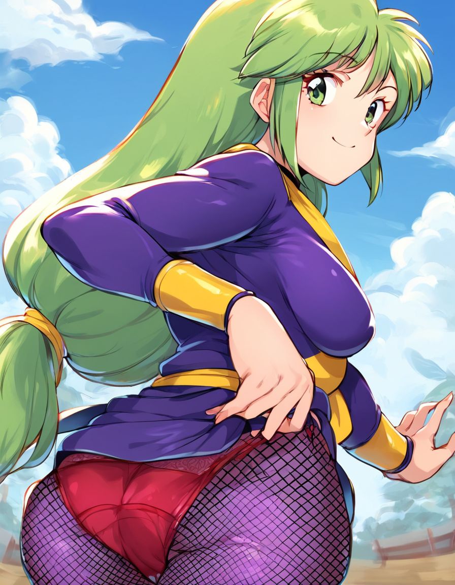 score_9, score_8_up, score_7_up, score_6_up, score_5_up, score_4_up, source_anime, rating_explicit, BREAK
 <lora:yae-bonbon_XL:1>  yae-bonbon, 1girl, soro, light green hair, long hair, green eyes,  low-tied long hair, Yellow bow, red panties,  looking at viewer, large_breasts, 
looking straight ahead, fishnets, fishnet bodysuit, ninja,   purple bodysuit, japanese clothes,   pantyhose, sky, outdoor, smile,0