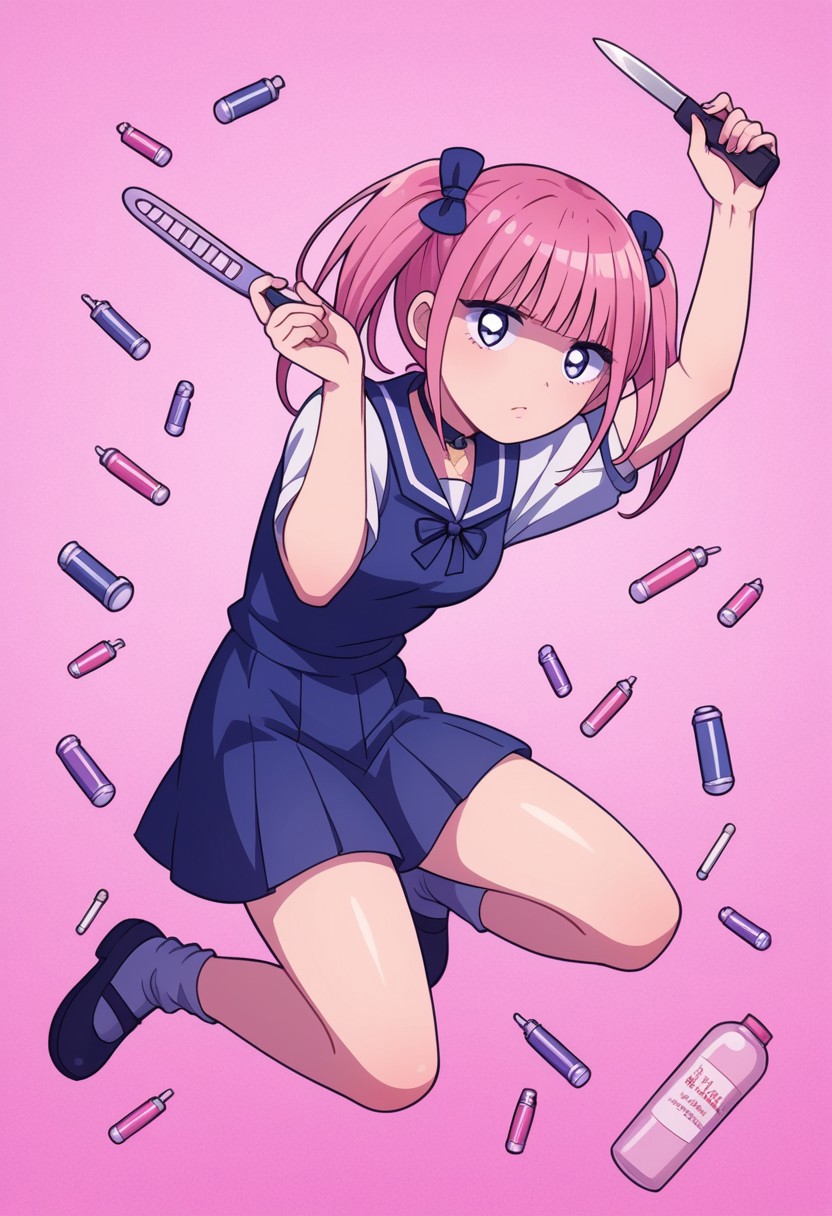 score_9, score_8_up, score_7_up,
masterpiece, best quality, detailed, amazing quality,
detailed background,
detailed eyes, clean eyes,
dynamic pose, jumping
easynegative,
solo, 1girl, menhera-chan, pills, medicine, box cutter, holding box cutter