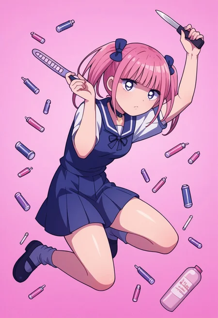 score_9, score_8_up, score_7_up,
masterpiece, best quality, detailed, amazing quality,
detailed background,
detailed eyes, clean eyes,
dynamic pose, jumping
easynegative,
solo, 1girl, menhera-chan, pills, medicine, box cutter, holding box cutter