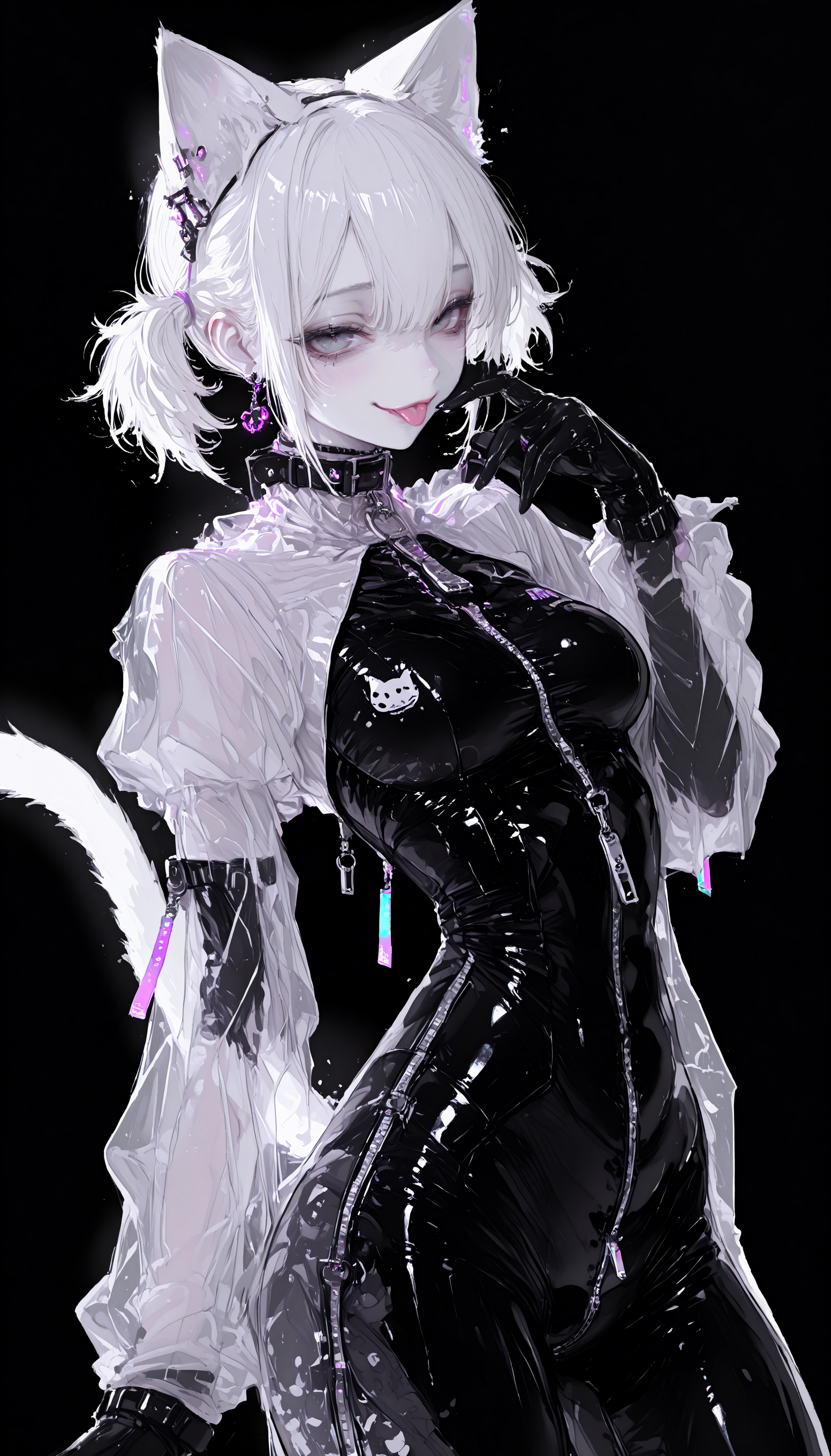 masterpiece, best quality, good quality, newest, highres, absurdres,
1girl, solo, breasts, looking at viewer, blush, smile, short hair, simple background, long sleeves, gloves, animal ears, jewelry, twintails, medium breasts, standing, tail, white hair, cowboy shot, earrings, black gloves, tongue, puffy sleeves, hand up, cat ears, tongue out, collar, grey eyes, cat tail, see-through, bodysuit, cat girl, black background, short twintails, skin tight, :p, zipper, shiny clothes, black bodysuit, shrug \(clothing\), zipper pull tab, see-through sleeves, latex, latex bodysuit, melanch0ly,xxx667_illu, glowing <lora:illustriousXL_stabilizer_v1.23:0.3> <lora:NOOB_vp1_detailer_by_volnovik_v1:0.3> <lora:ponyv6_noobE11_2_adamW-000017:0.3> <lora:GENESIS_MK0.2:0.7> <lora:r17329_illuu:0.5> <lora:mon_monmon2133:0.5> <lora:XXX667:0.6>