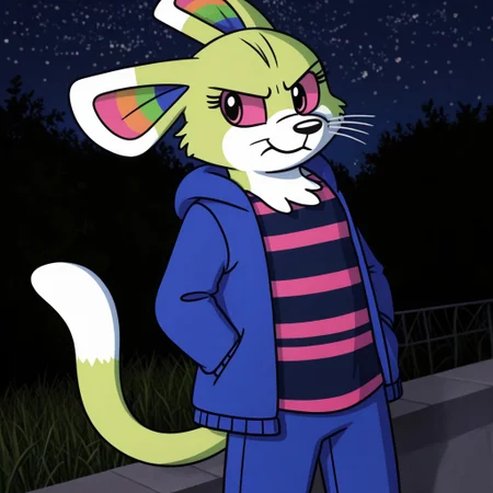 solo, 1girl, eve ill, female, furry, mouse, 3 whiskers, 4 fingers, multicolored ears, pink eyes, green fur, tail, 8k photograph, raw photograph, hyperrealism, extremely detailed, ultra high resolution, wrinkles, jowls, shirt, striped shirt, pants, blue jacket, outdoors, night