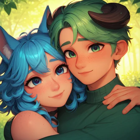 aid291, score_9, score_8_up, score_7_up, score_6_up, high detail, 4k, high resolution, cartoon style, 2boys, femboys, cute, cute boys, feminine boys, romantic, blue hair, green hair, fluffy hair, freckles, animal horns, animal ears, happy, loving expression, loving gaze, looking at one another, detailed face, beautiful face, expressive eyes, beautiful eyes, face focus, <lora:Hugging:1> hugginganother, hug, couple, forest background