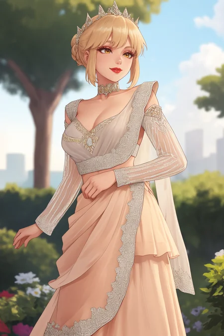 cinematic film still anime artwork beautiful adult woman, solo, smile  <lora:Outfit_soph_CholiLehengaDupatta:0.65> vibrant colors, Artoria Pendragon: Short blond hair, (blue and silver themed) armor, medieval English fashion layered lehenga, choli, ((dupatta scarf)), dr3ss, embroidered, organza, lace, standing, choker ,see-through sleeves, long sleeves,  eyeliner, eyeshadow, makeup, red lips  , beautiful garden, outdoors, high quality, best quality, high detail, 8k resolution, standing, anime style, vibrant, studio anime, highly detailed . shallow depth of field, vignette, highly detailed, high budget, bokeh, cinemascope, moody, epic, gorgeous, film grain, grainy