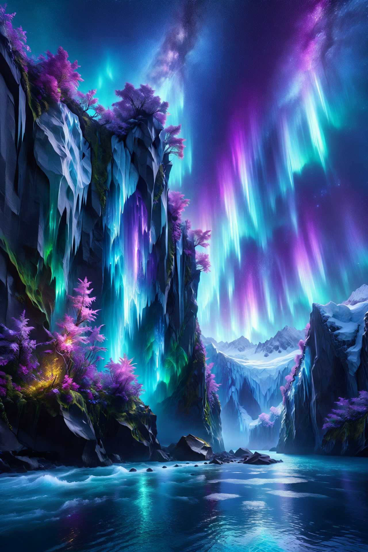 tropical cliff with glowing vines, morph-aurora, glacial fjord with icy cliffs, detailed background, best quality, vibrant colors, photorealistic style, high detail, hyper-realistic, highres, 4K resolution, realistic photo, masterpiece, ultra-detailed, luminous sky, purples and blues, ethereal glow, close-up shot, <lora:add-detail-xl:1> <lora:aurora_0_100_V1-000009:0.65>