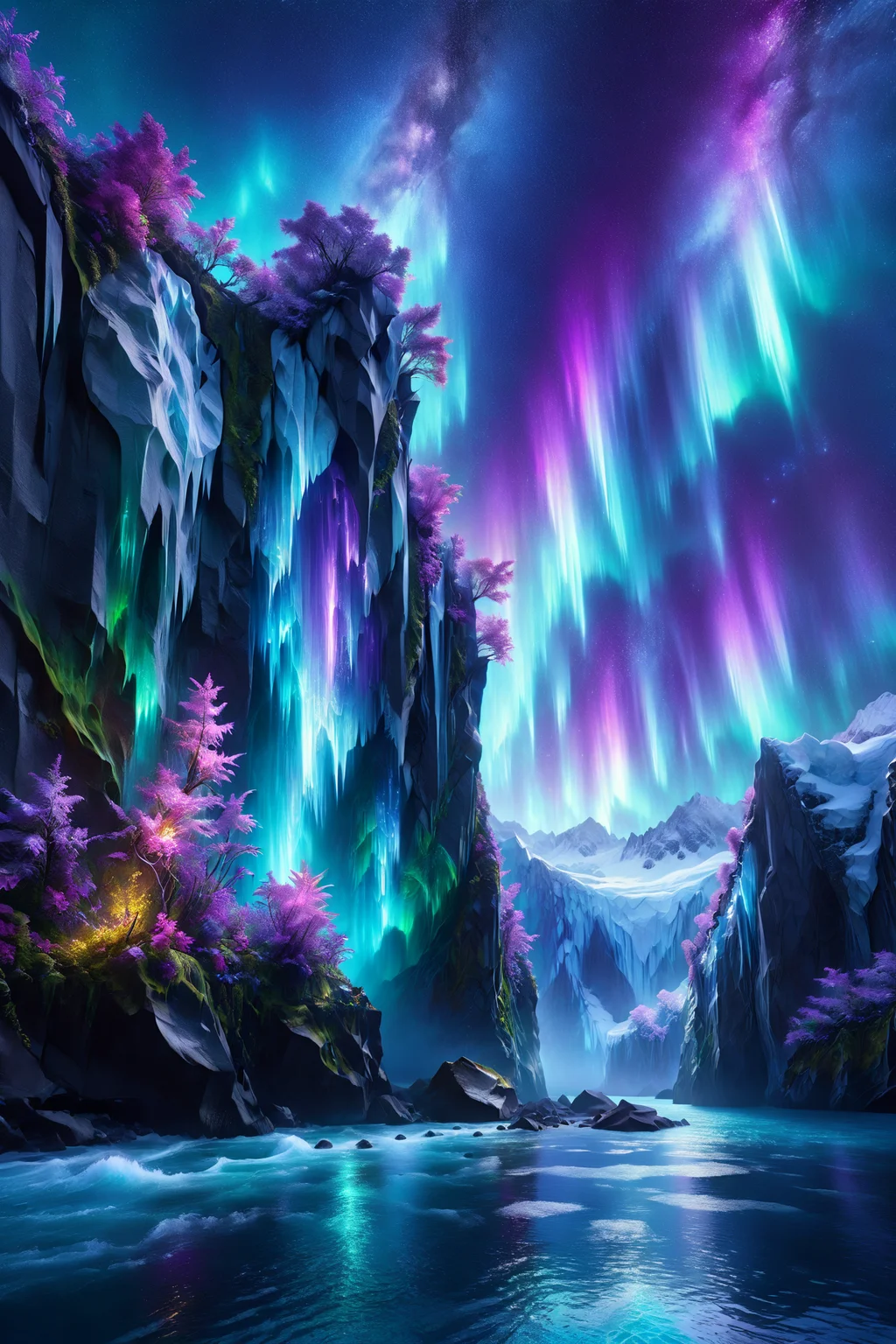 tropical cliff with glowing vines, morph-aurora, glacial fjord with icy cliffs, detailed background, best quality, vibrant colors, photorealistic style, high detail, hyper-realistic, highres, 4K resolution, realistic photo, masterpiece, ultra-detailed, luminous sky, purples and blues, ethereal glow, close-up shot, <lora:add-detail-xl:1> <lora:aurora_0_100_V1-000009:0.65>