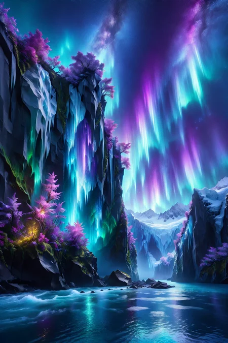 tropical cliff with glowing vines, morph-aurora, glacial fjord with icy cliffs, detailed background, best quality, vibrant colors, photorealistic style, high detail, hyper-realistic, highres, 4K resolution, realistic photo, masterpiece, ultra-detailed, luminous sky, purples and blues, ethereal glow, close-up shot, <lora:add-detail-xl:1> <lora:aurora_0_100_V1-000009:0.65>