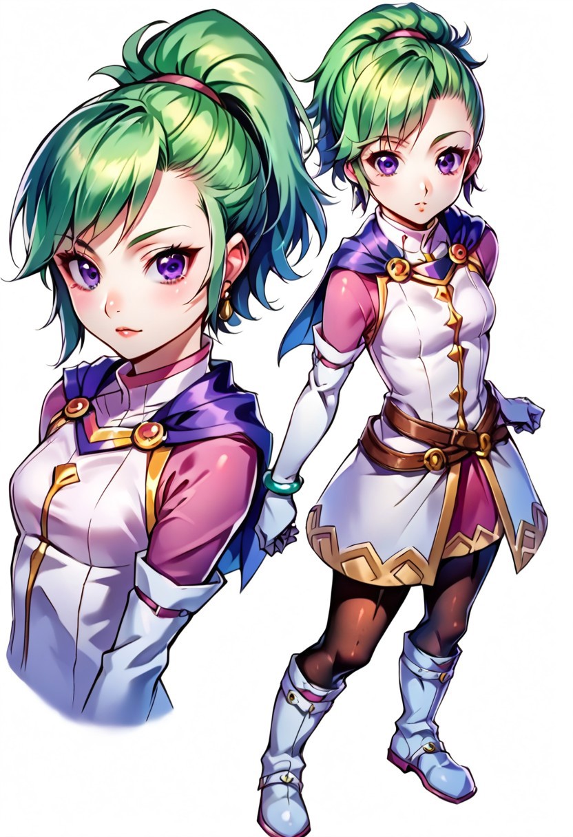 score_8, score_8_up, score_7_up, score_6_up, source_anime, BREAK, 1girl, solo, female focus, Karis_GS, 1girl, green hair, ponytail, purple eyes, earrings, blue capelet, small breasts, mandarin collar, white coat, ribbon trim, gold trim, crossed belts, pink miniskirt, pink undershirt, pink sleeves, white gloves, elbow gloves, bracelet, black pantyhose, white boots, full body, conceptart,multiple views,white background,simple background
