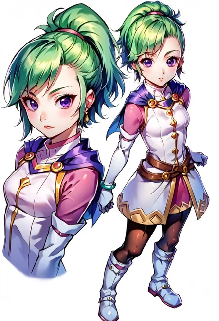 score_8, score_8_up, score_7_up, score_6_up, source_anime, BREAK, 1girl, solo, female focus, Karis_GS, 1girl, green hair, ponytail, purple eyes, earrings, blue capelet, small breasts, mandarin collar, white coat, ribbon trim, gold trim, crossed belts, pink miniskirt, pink undershirt, pink sleeves, white gloves, elbow gloves, bracelet, black pantyhose, white boots, full body, conceptart,multiple views,white background,simple background