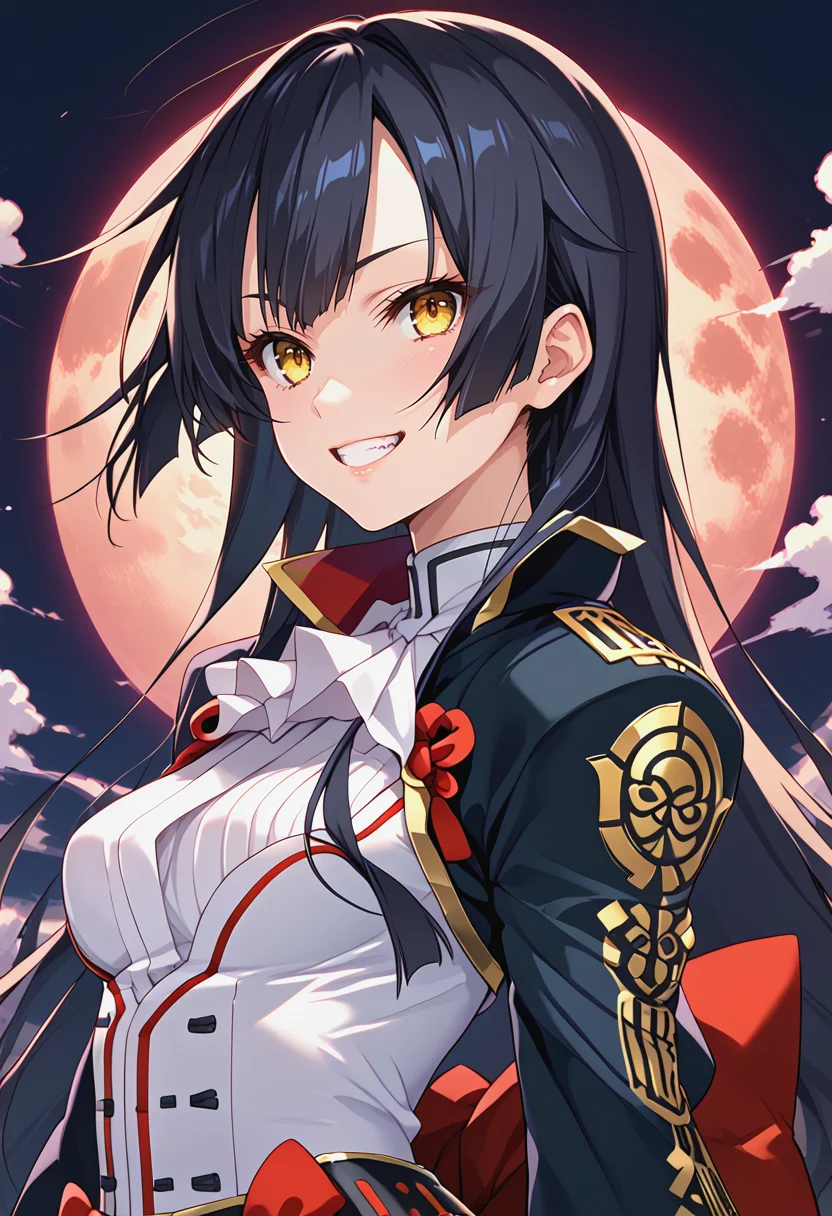 <lora:ODKUON_Pv1-000030:0.8>, odkuon, black hair, yellow eyes, 1girl, japanese clothes, japanese armor, frills, high quality, red moon, grin, upper body,, BREAK score_9, score_8_up, score_7_up, score_6_up, source_anime, best quality,