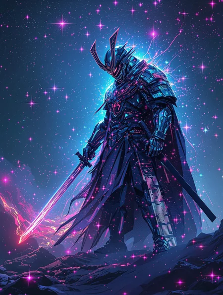 The last techno-samurai, half-man half-machine, royal cape made of glitch fractals, illuminated by the collapsing neon stars, painterly pixel textures everywhere
