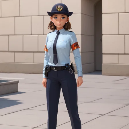 <lora:laetitia_pony_v1:.8> LaetitiaHat, 1girl, police uniform, policewoman, brown hair, police hat, black necktie, white shirt, breast pocket, armband, freckles, belt, earrings, jewelry, pantyhose, medium hair, walkie-talkie, skirt, blue eyes, collared shirt, cowboy shot