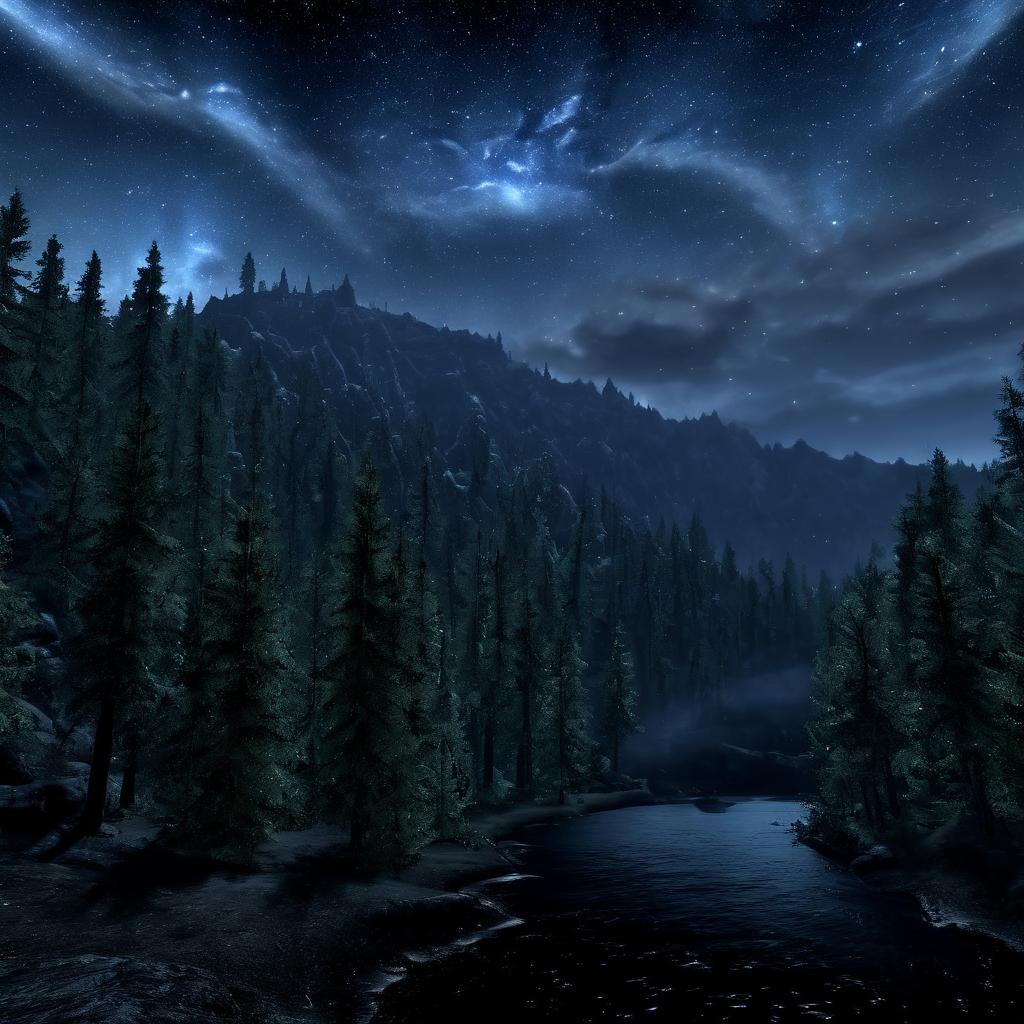 Masterpiece,absurd resolution,8k,high resolution,
 <lora:SkyrimLandscapes:0.8>,
skyrimlandscapes, sky, night, scenery, star (sky), tree, night sky, starry sky, outdoors, forest, nature, cloud, no humans