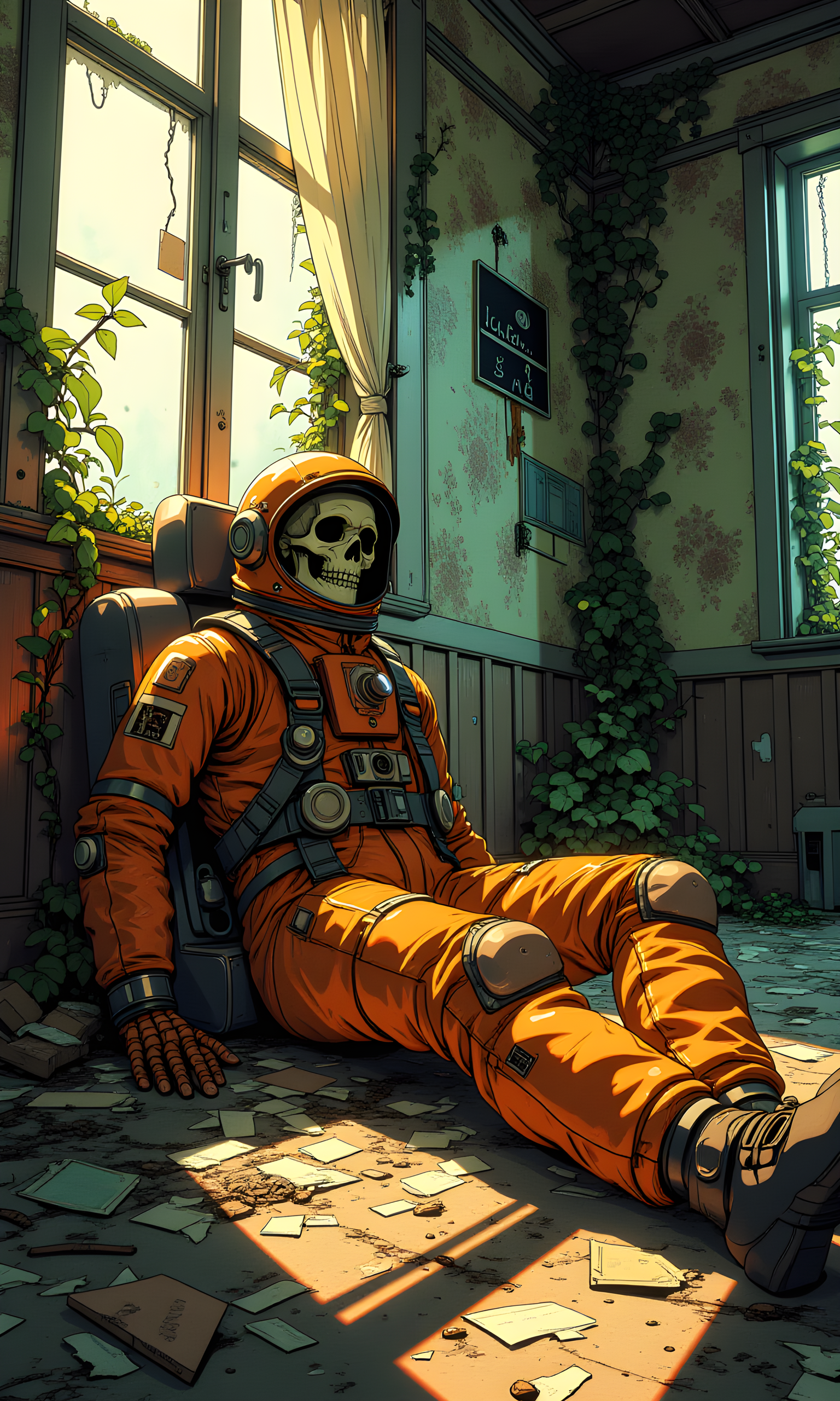 This image depicts a haunting and eerie scene set in an abandoned, decaying room. The central figure is a skeleton dressed in a rusted, orange astronaut suit, lying on the floor as if it has been there for a long time. The suit is detailed with various straps, buckles, and patches, adding to the realism of the scene.
The room itself is in a state of disrepair, with peeling wallpaper, broken windows, and debris scattered across the floor. Vines and plants have overgrown the space, creeping up the walls and through the windows, suggesting that nature has reclaimed this forgotten place. The lighting is dim and moody, with shafts of light filtering through the gaps in the curtains, casting long shadows and creating a sense of mystery and unease.
The overall atmosphere of the image is one of abandonment and decay, evoking a sense of curiosity about the story behind this strange and unsettling scene. The combination of the astronaut suit, the skeleton, and the overgrown room creates a powerful and memorable visual narrative.
BREAK anime, d13s3lp2nk, bboil artist style, OBdonman, <lora:FLUX\Synesthesia:0.2>, <lora:FLUX\RetroAnimeS1.1:0.4>, <lora:FLUX\Flux-jijia:0.1>, <lora:FLUX\It's a LoRA for portraits, BUT! actually specialized in backgrounds. v1.0:0.1>, <lora:FLUX\GLSHS:0.2>, <lora:FLUX\Dieselpunk Delight - s0_9 g4:0.4>, <lora:FLUX\OBdonman, anime0style portrait:0.1>