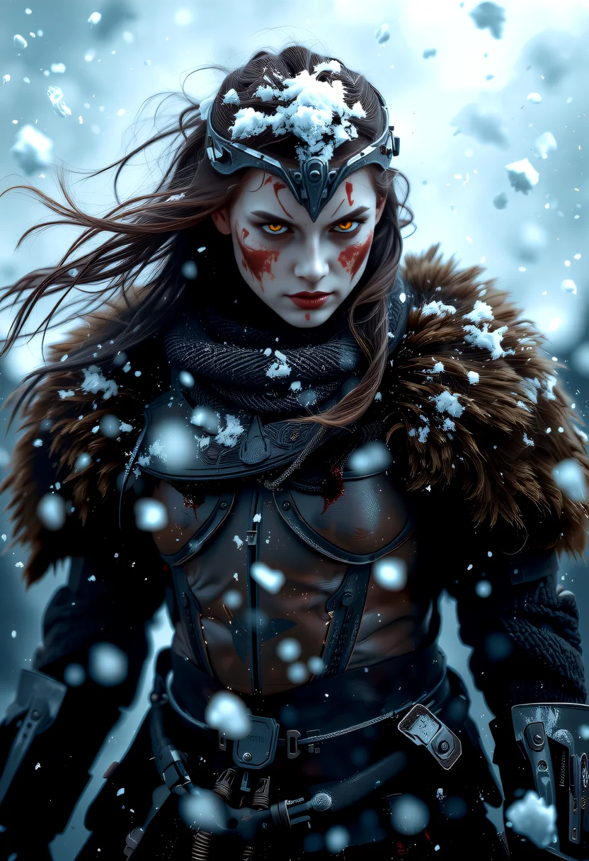 vikingpunk style, stunning warrior stands tall amidst the chaos of a snow-shrouded battlefield, fur-lined cloak and distressed leather armor covering from the neck down, battered and bloodied, muscles rippling beneath her skin, ruthless efficiency, snow swirling around her in a maelstrom, the clash of warrior echoing through the howling wind. Nordic, Viking-inspired, armor, mechanical, battle-hardened, fierce, brutal, futuristic, retro-viking and neonpunk influences. <lora:flux/Realism 2>,