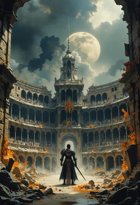 A dark medieval scene unfolds in a crumbling, desolate colosseum under a stormy, ash-filled sky. At its center, a lone gladiator clad in battered armor stands poised with his sword raised, his stance firm and ready for battle. Opposite him looms a rotten skeletal warrior, its bones ancient and cracked, adorned with remnants of rusted armor and a jagged blade. The empty seats of the colosseum echo with the whispers of past battles, their shadows casting eerie shapes on the broken stone walls. The air is thick with tension, as the gladiator braces himself for the first strike, the silence only broken by distant thunder. <lora:Elden_Ring_-_Yoshitaka_Amano.safetensors:1.0>,   <lora:Movie_Portrait.safetensors:0.5>,  <lora:- Flux1 - soothing_atmo_V2.0.safetensors:0.2>,  <lora:lith_mimosa_kiel_grw134_FLUX.safetensors:0.4>,  <lora:ancient.safetensors:0.3>,  <lora:Ethereal Grace - s1 g4.safetensors:0.5>,